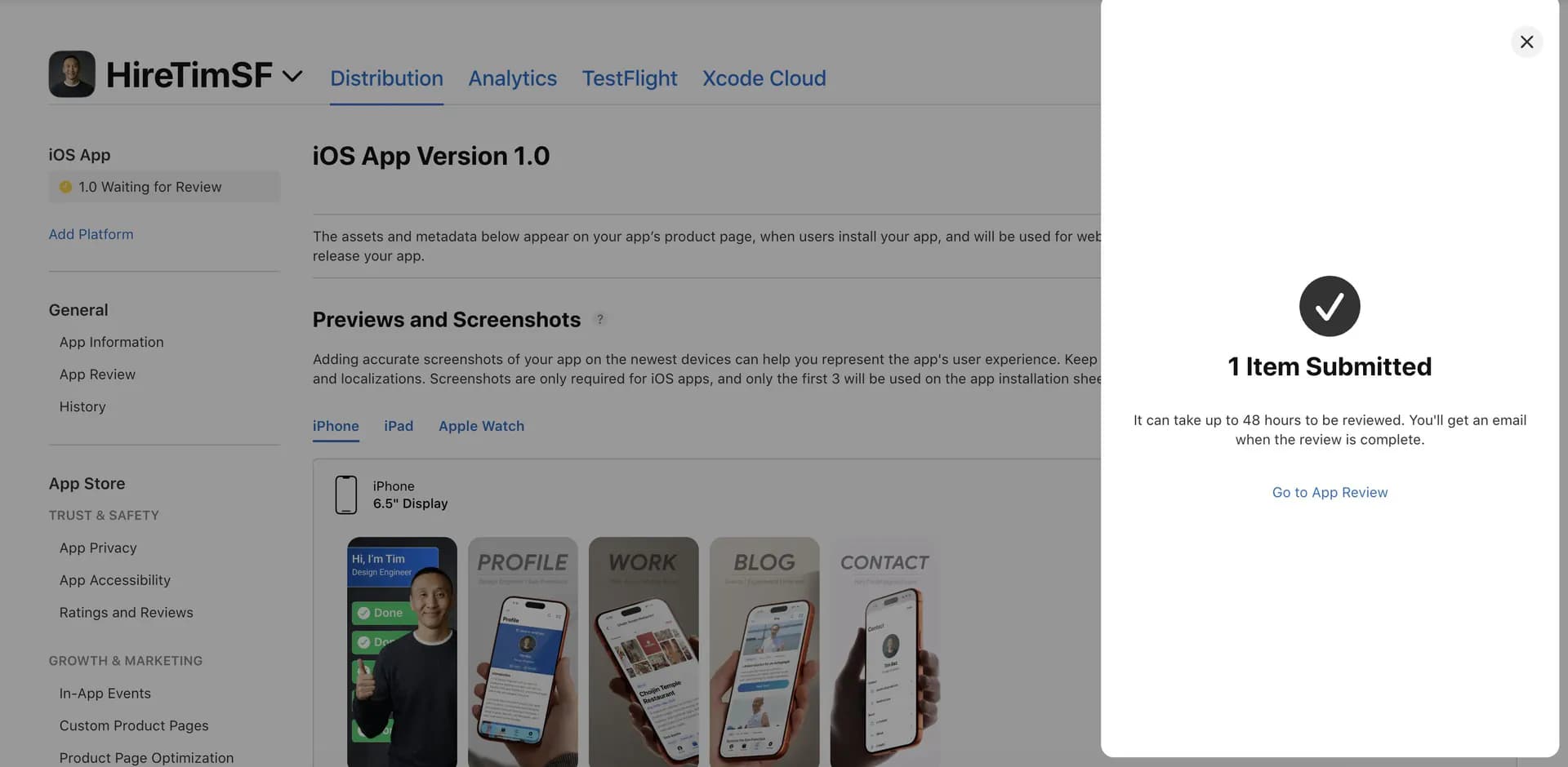 App Store Connect screen showing the iOS app submitted for
review