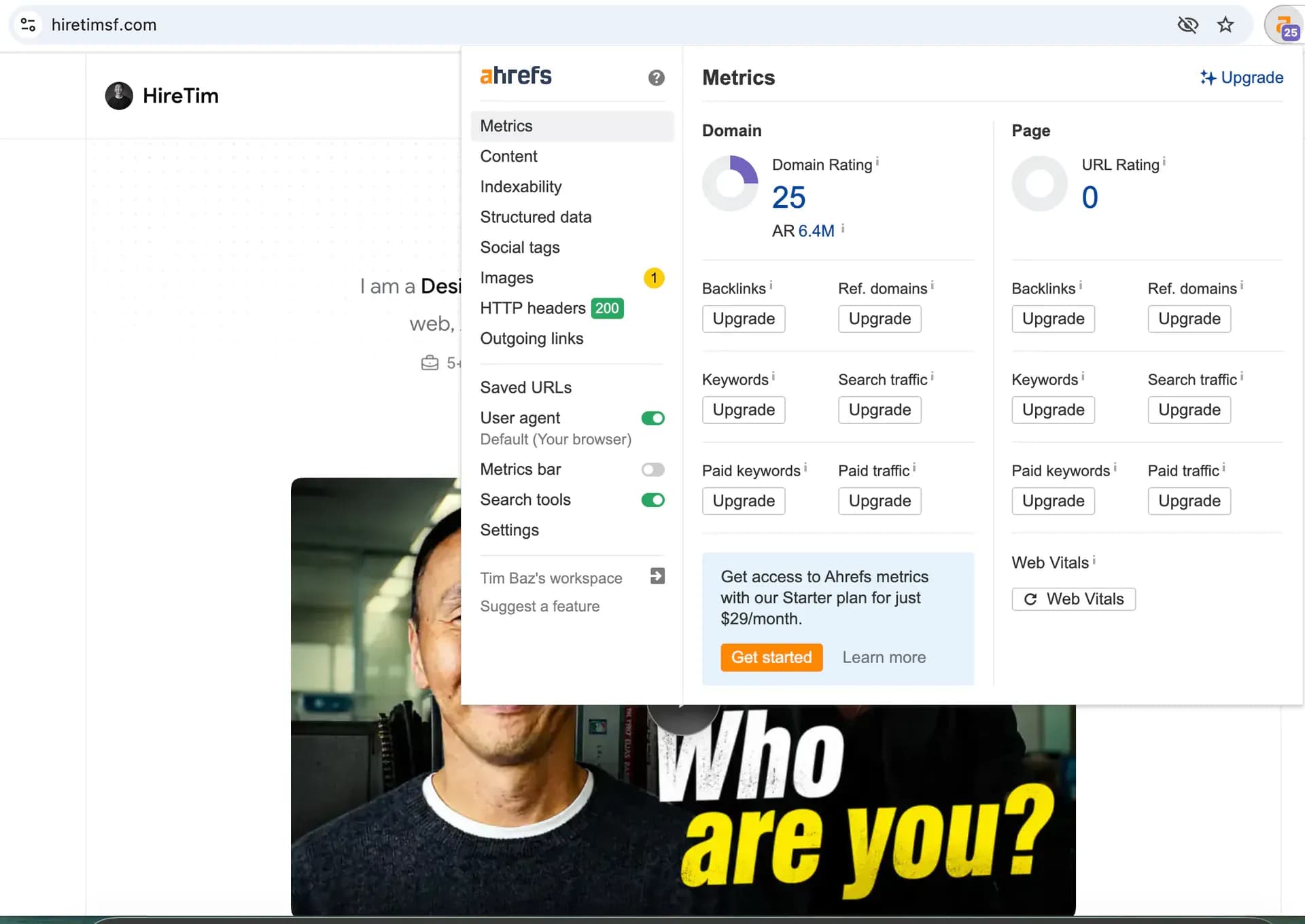 Ahrefs metrics overlay showing hiretimsf.com Domain Rating
25