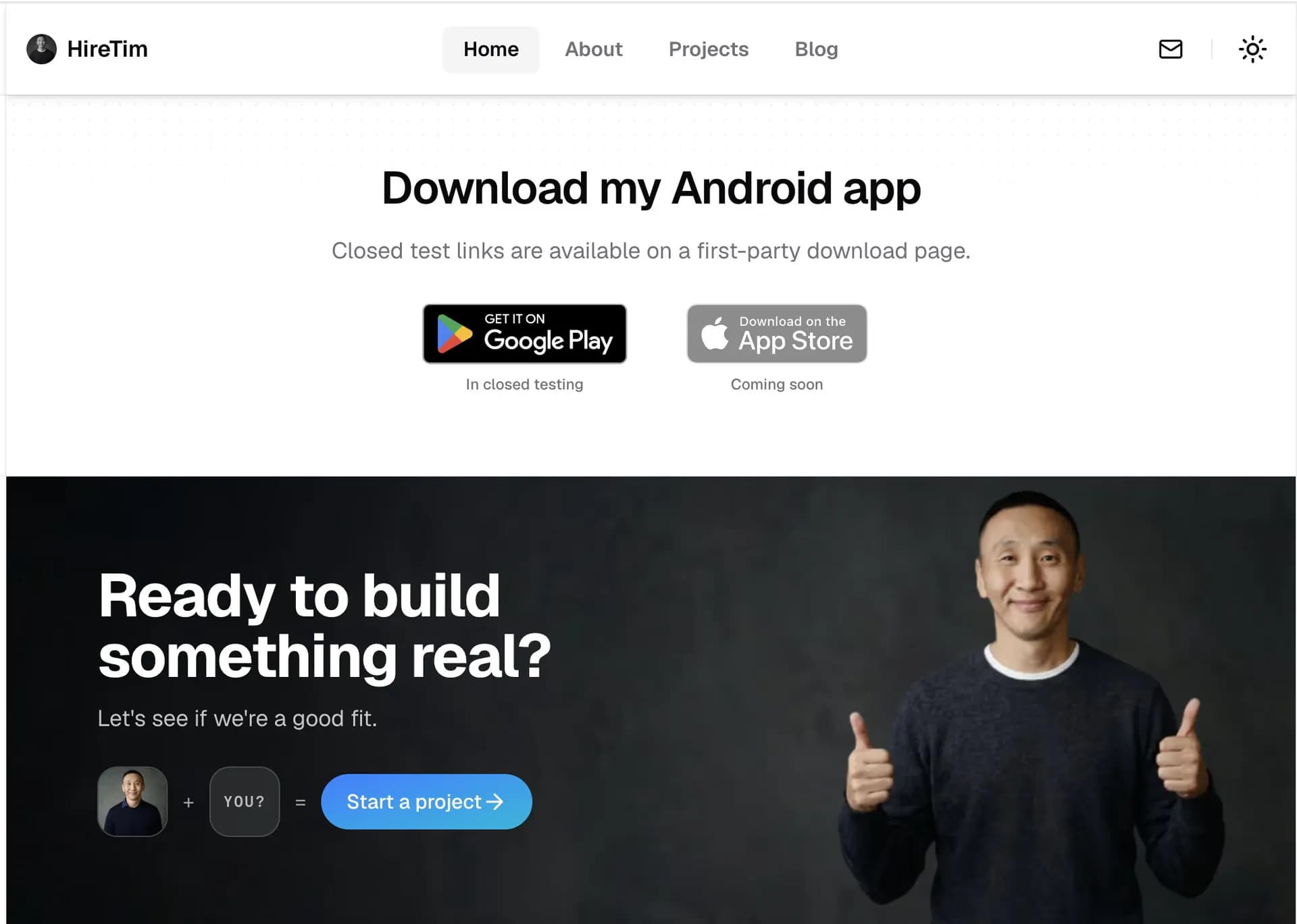 HireTimSF app download page showing Google Play and App Store
buttons