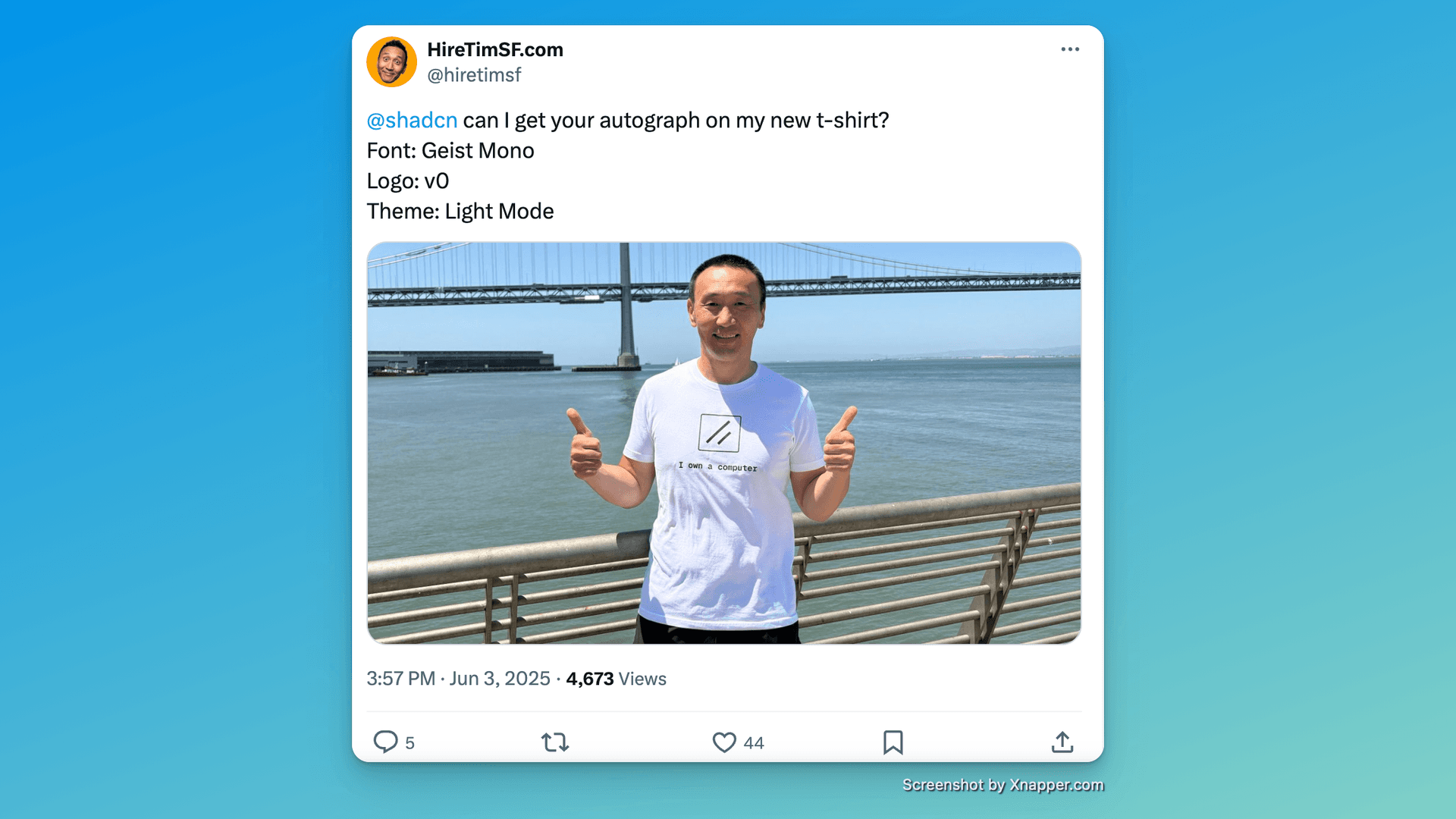 The HIRE TIM custom license plate shirt