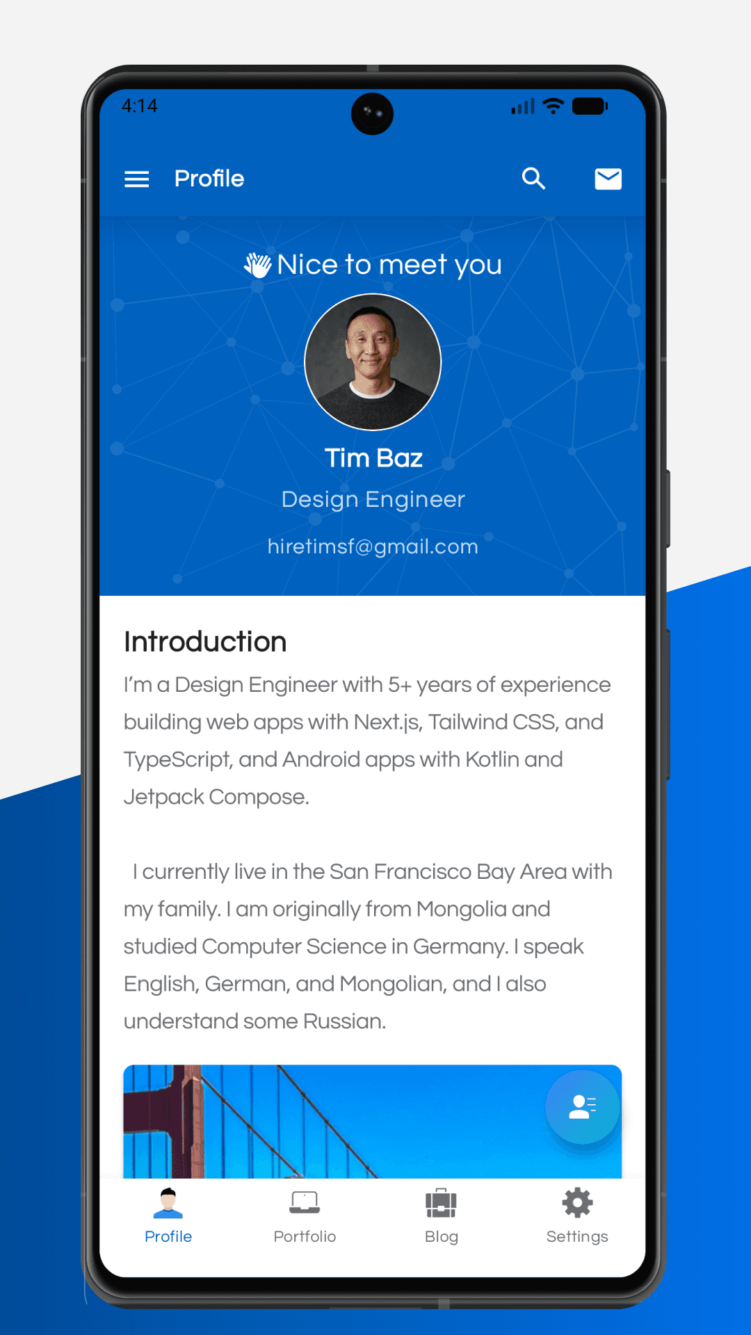 Hire Tim Android app profile screen in light mode