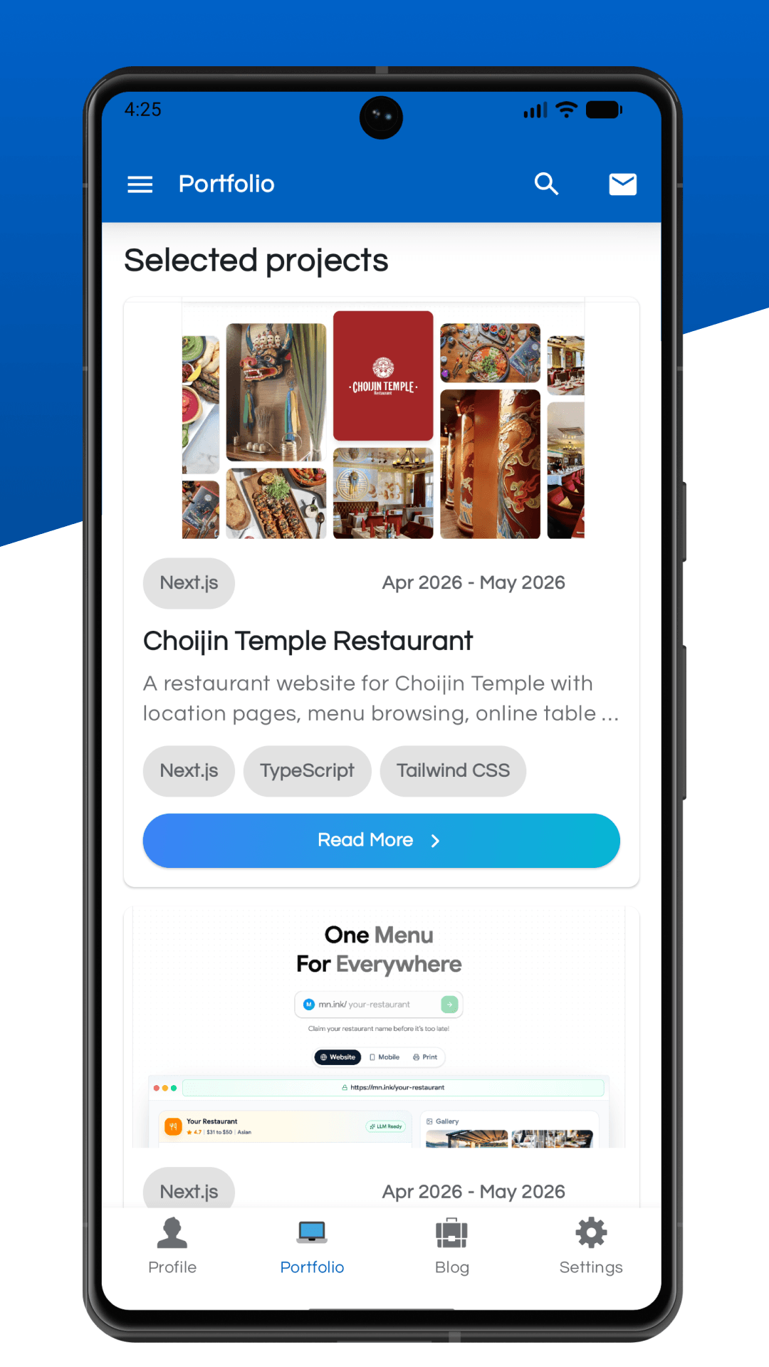 Hire Tim Android app portfolio screen in light mode