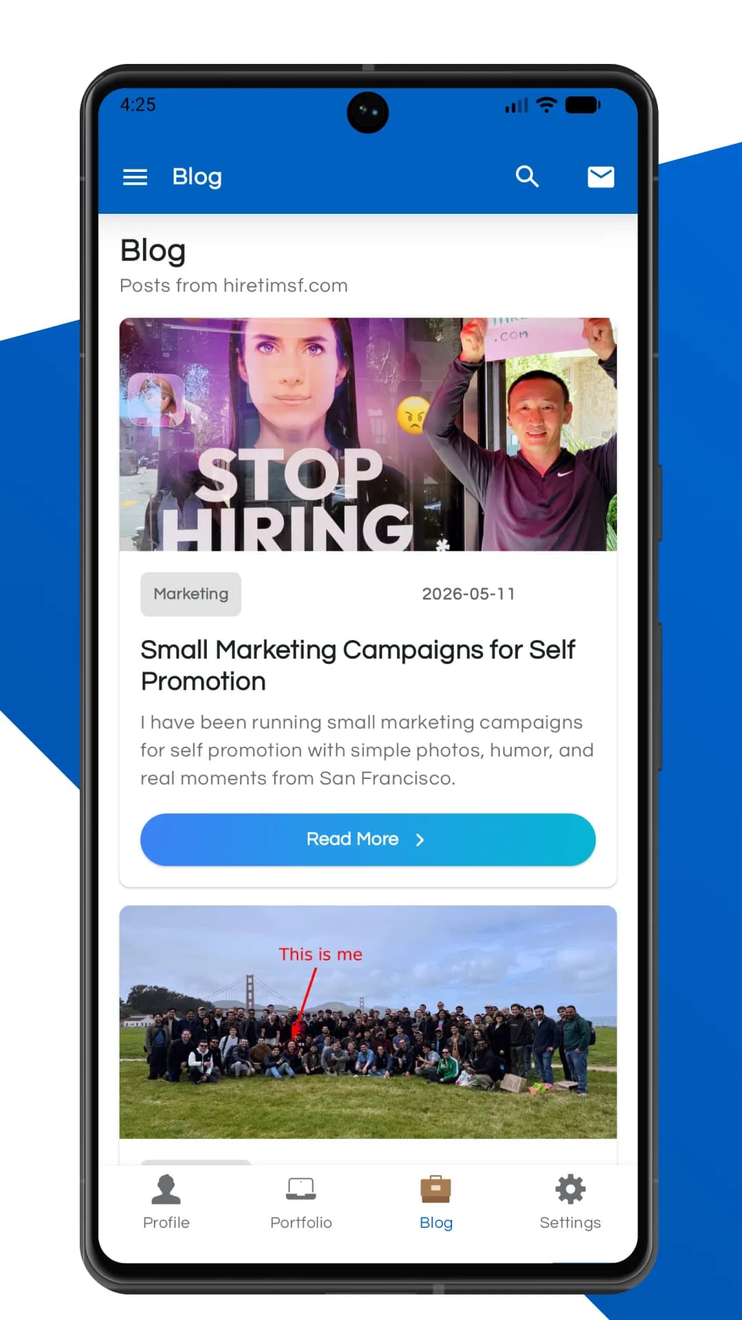 HireTimSF Android app blog screen with recent articles