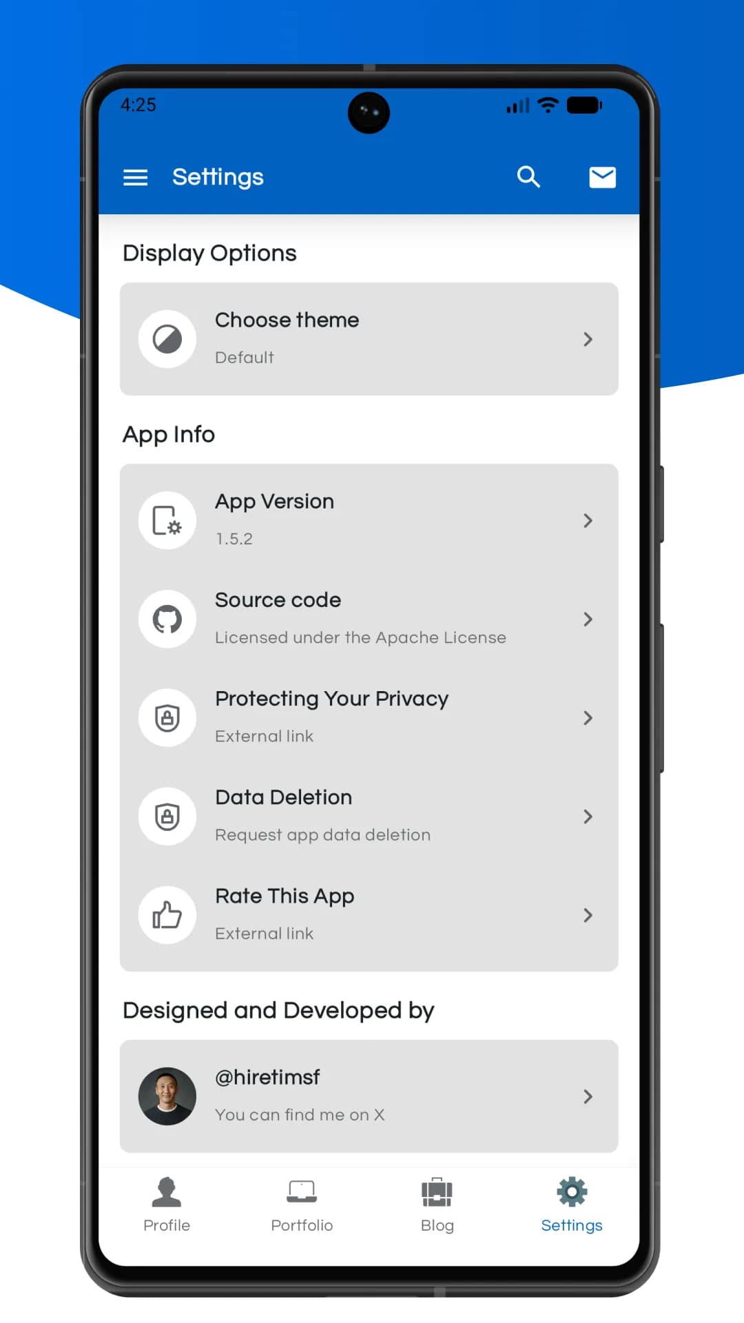 HireTimSF Android app settings screen with theme and privacy controls