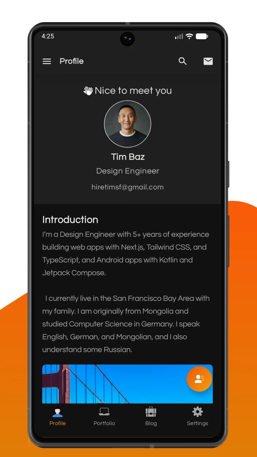 HireTimSF Android app profile screen in dark mode