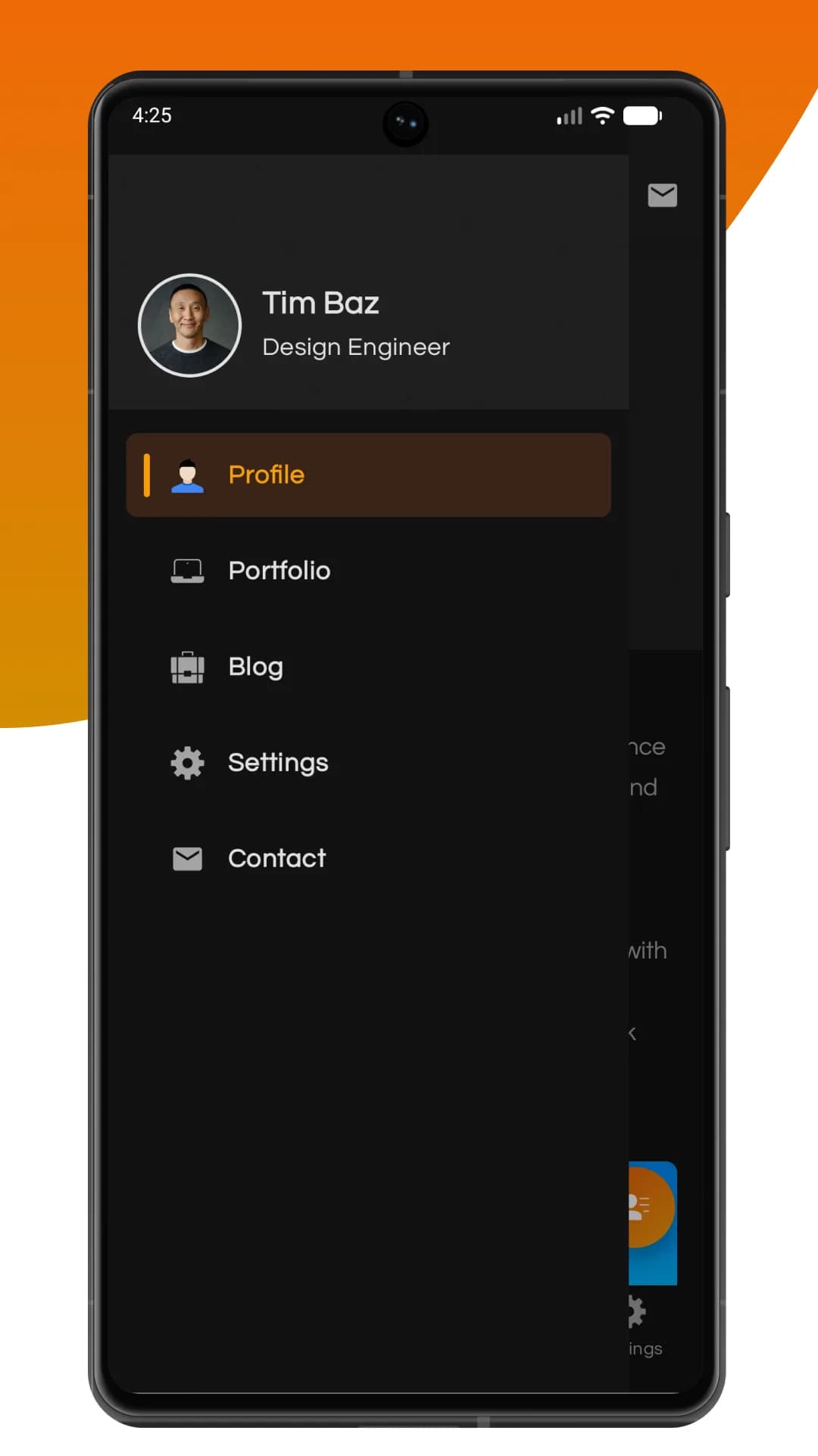 HireTimSF Android app navigation drawer in dark mode
