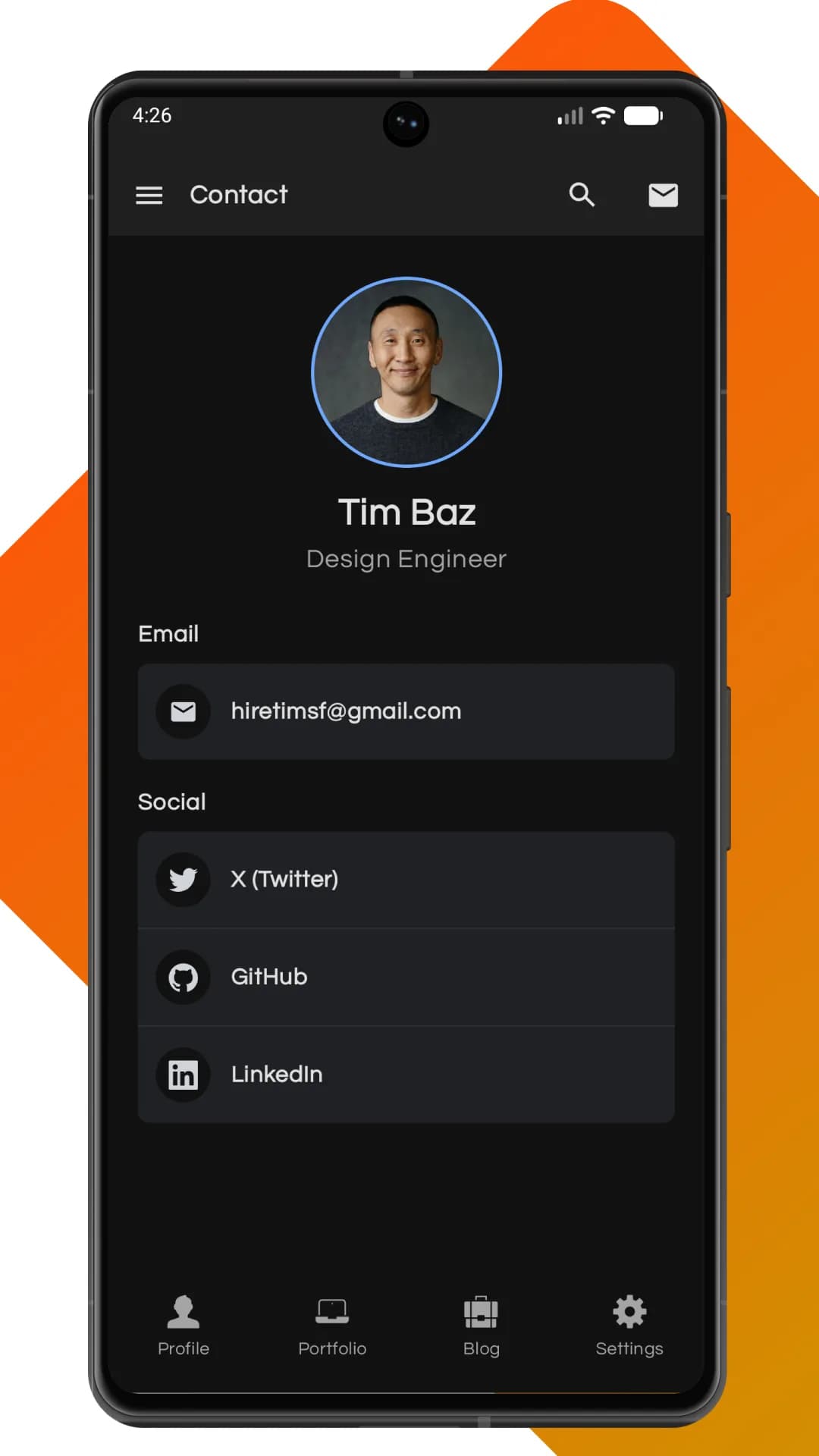 HireTimSF Android app contact and social links screen in dark mode