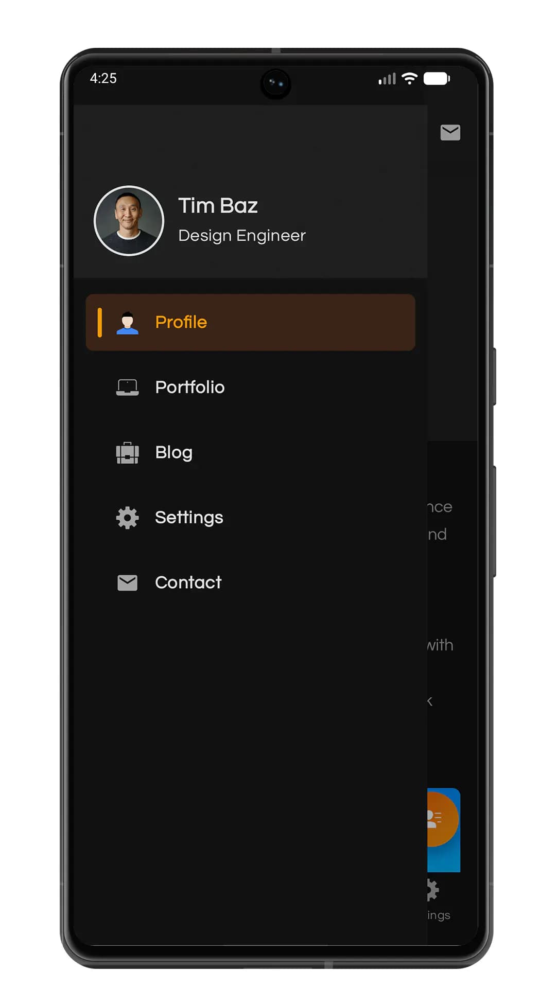New Android portfolio app navigation drawer in dark theme