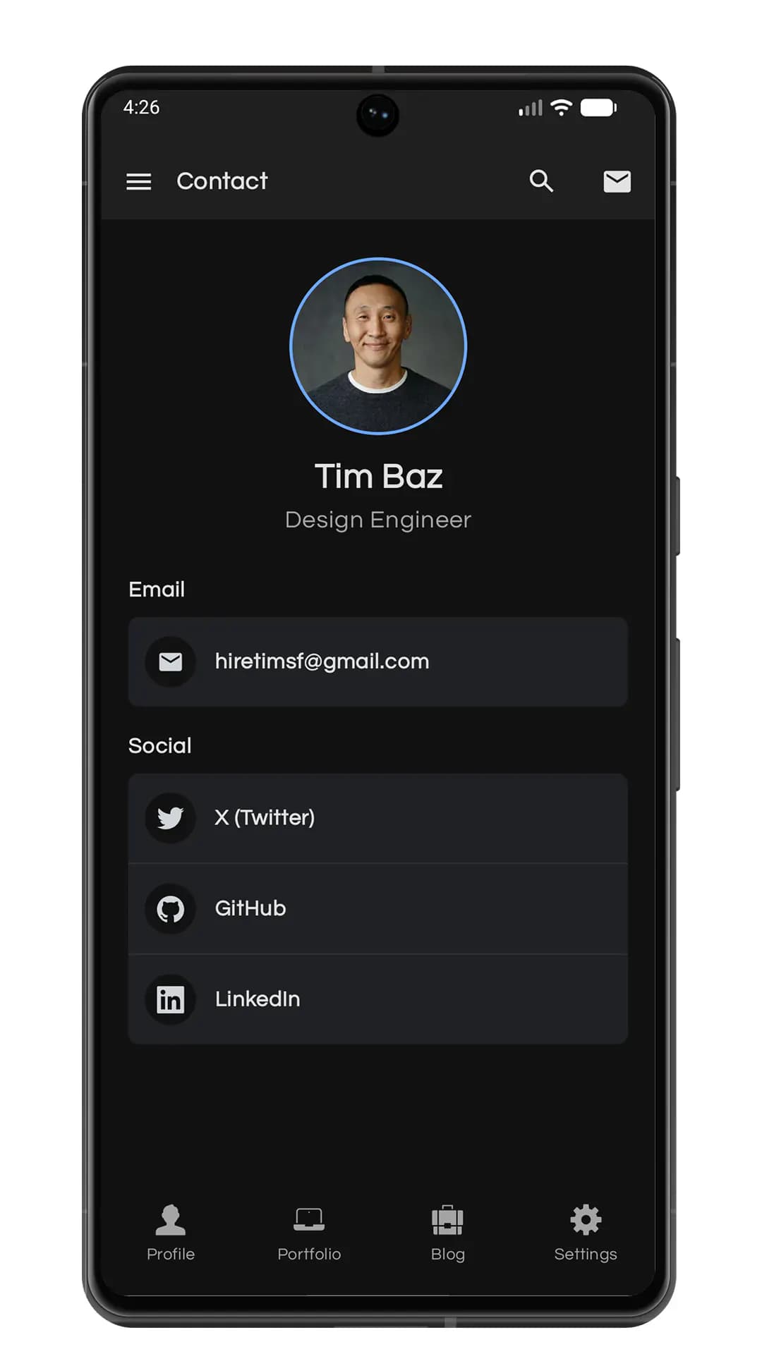 New Android portfolio app contact screen in dark theme