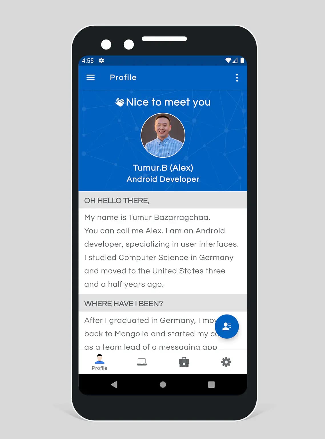 Original Android portfolio app profile screen in light theme