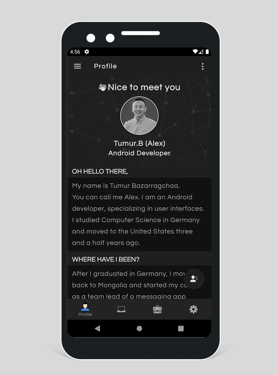 Original Android portfolio app profile screen in dark theme