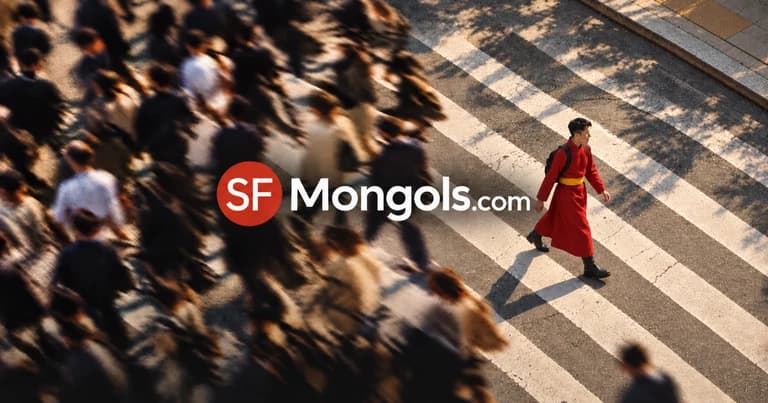 SFMongols.com logo over a crowd, with a person in traditional red Mongolian clothing walking across a crosswalk