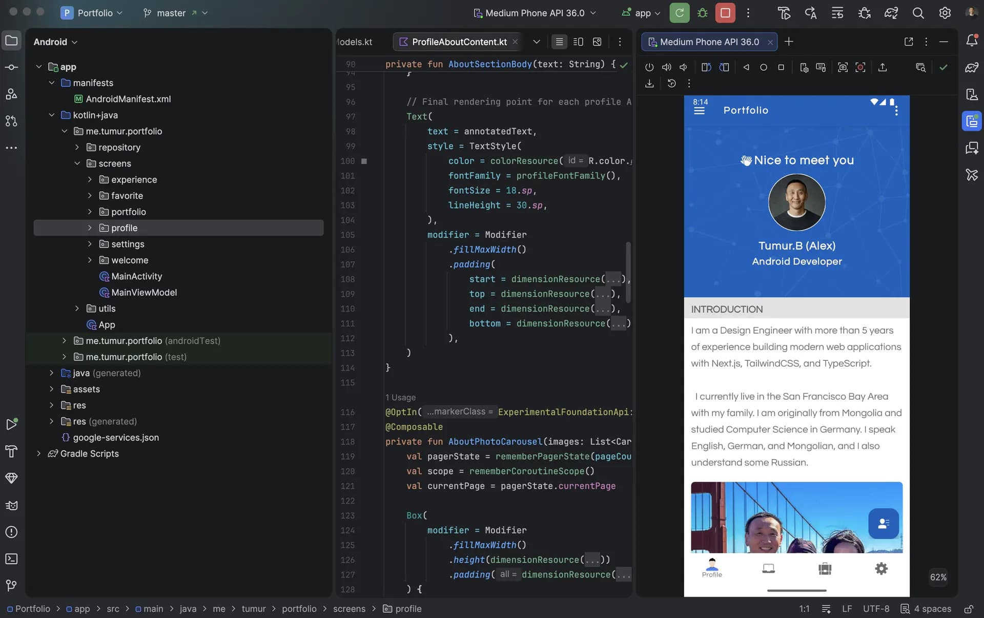 Android Studio showing the Android portfolio app with Jetpack Compose