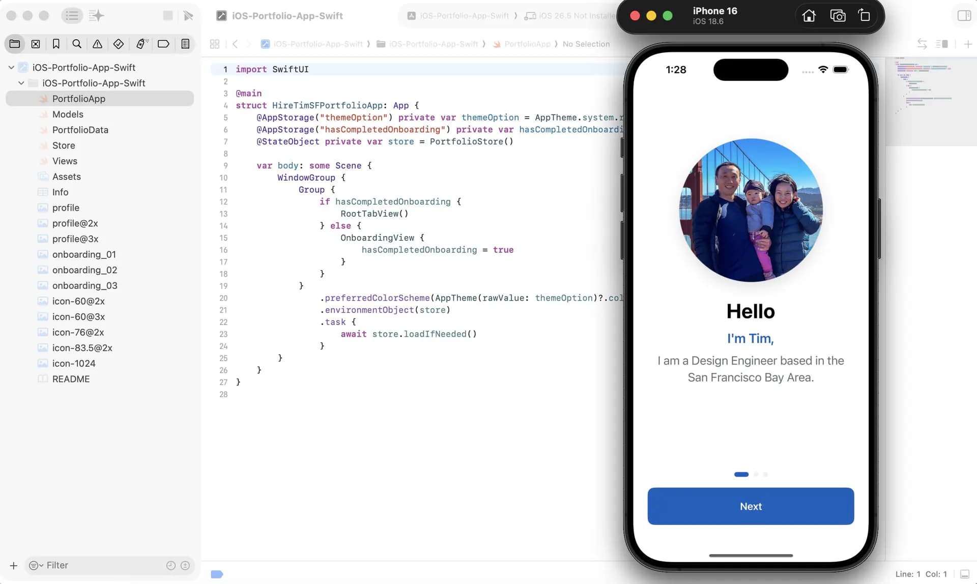Xcode showing the SwiftUI iOS portfolio app running in the iPhone simulator