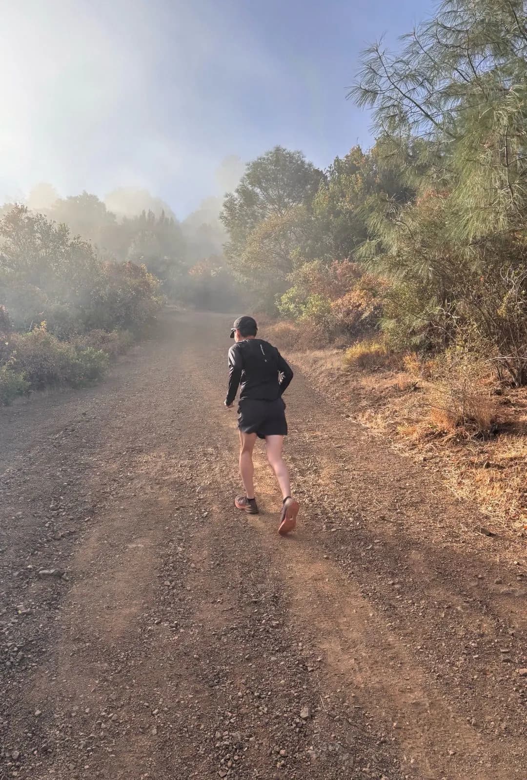 Runner climbing a trail through the morning mist
