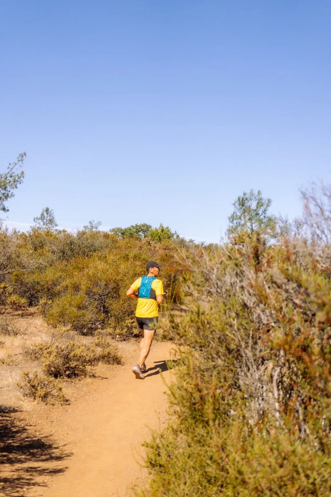 Runner following a narrow trail through mountain brush