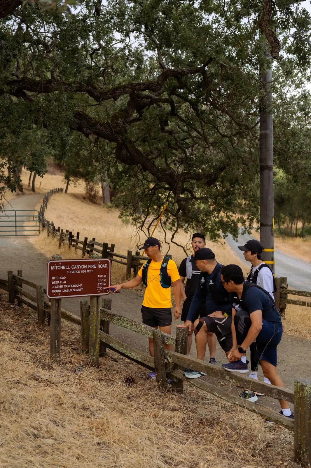Runners reading the Mitchell Canyon Fire Road sign pointing toward the Mount Diablo summit