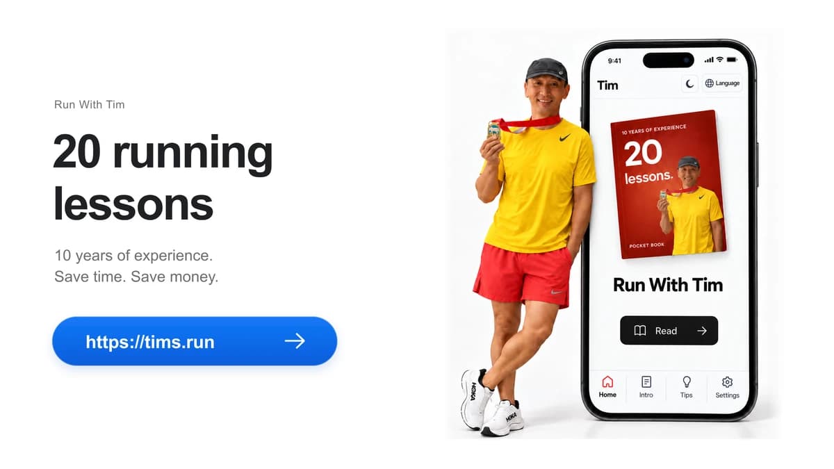 Run With Tim poster showing Tim, his 20 Running Lessons book, and tims.run