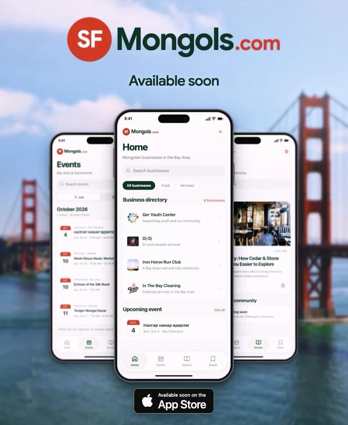SFMongols mobile app preview showing the business directory, events, and stories