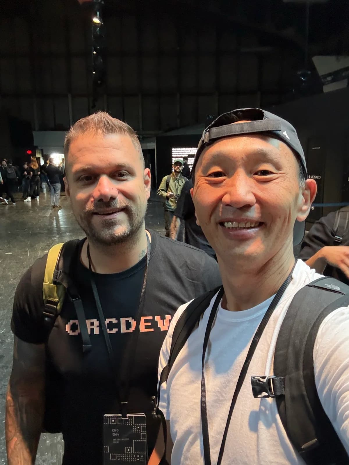 Tim taking a selfie with orcdev at Vercel Ship SF 2026