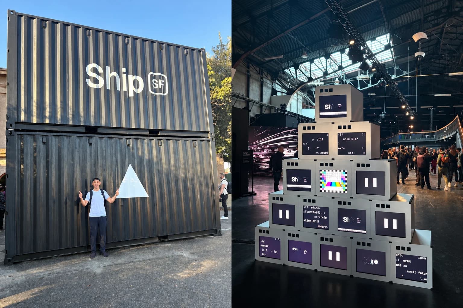 Tim at the Ship SF entrance beside a photo of the screen installation inside Vercel Ship 2026