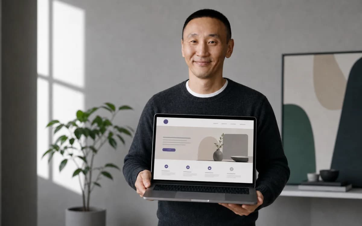 Tim proudly presenting a finished website on his laptop