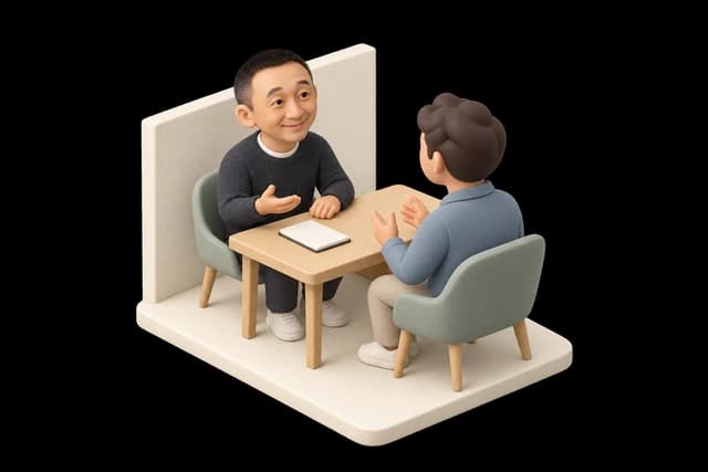 Miniature Tim and a client discussing project goals in a small office