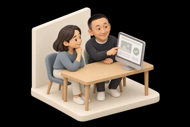 Miniature Tim showing a website design to a client