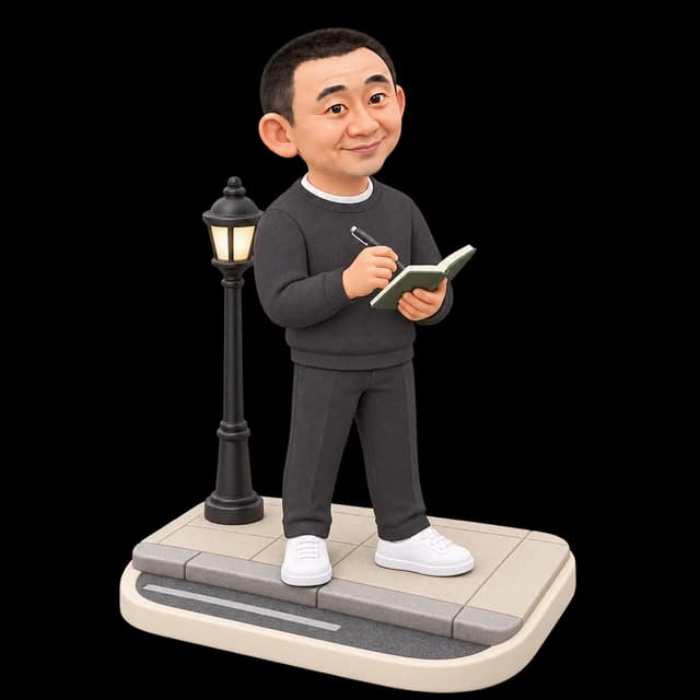 Miniature Tim taking notes on a sidewalk beside a streetlamp