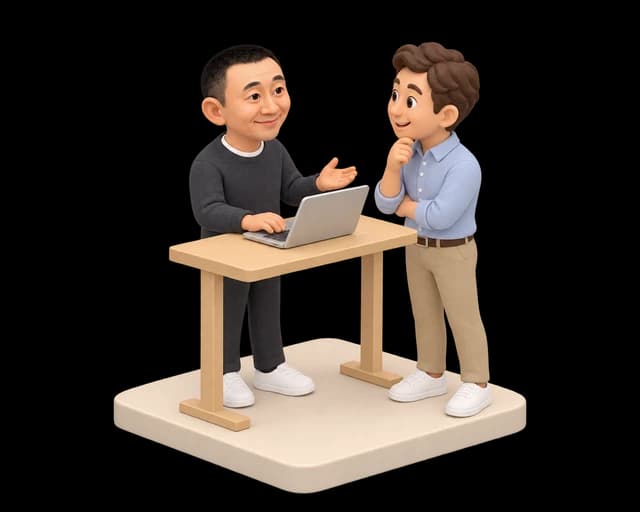 Miniature Tim working on a laptop at a standing desk while talking with a customer