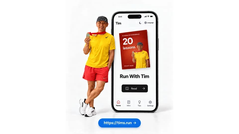 Run With Tim poster showing Tim with a race medal beside his 20 Running Lessons book on a phone