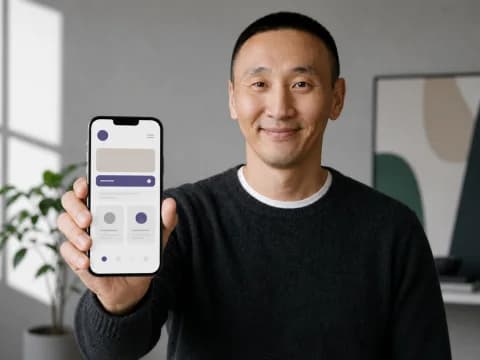 Tim presenting a mobile app interface on a phone