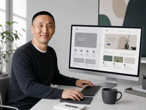 Tim redesigning a website on a desktop monitor