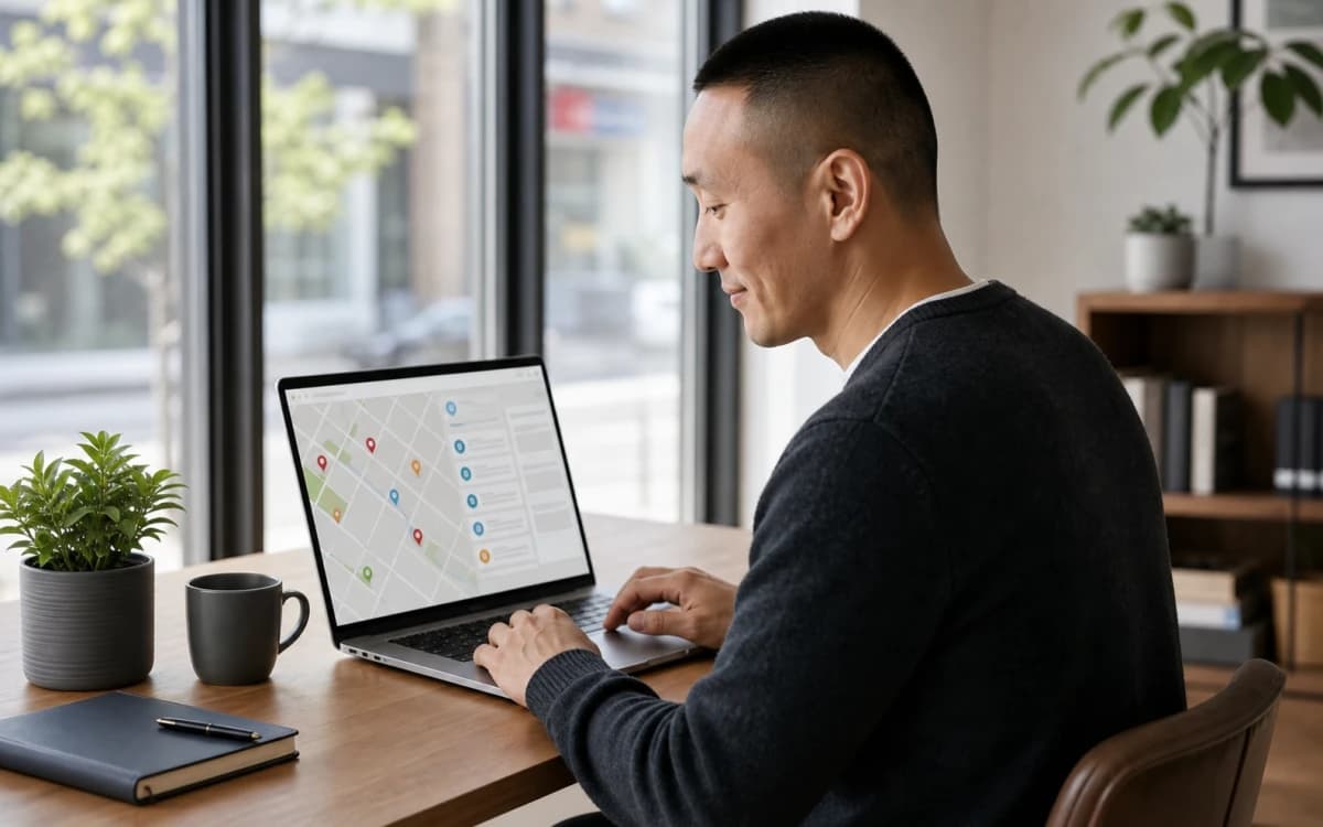 Tim reviewing a local search presence on a laptop