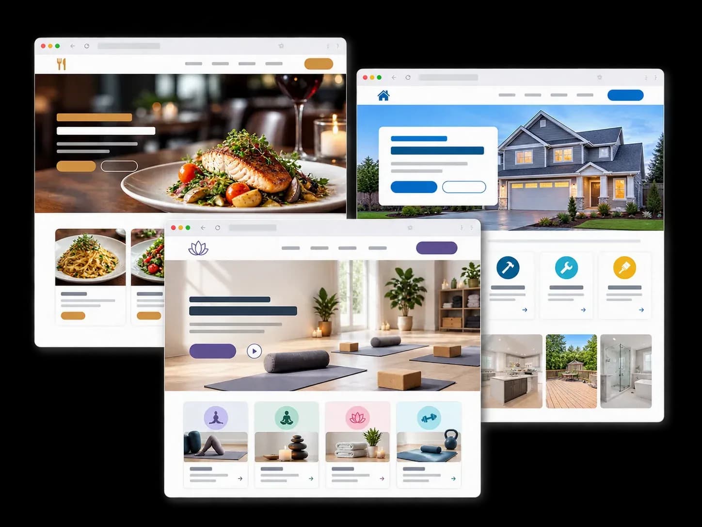 Three small-business website mockups for a restaurant, home services company, and wellness studio