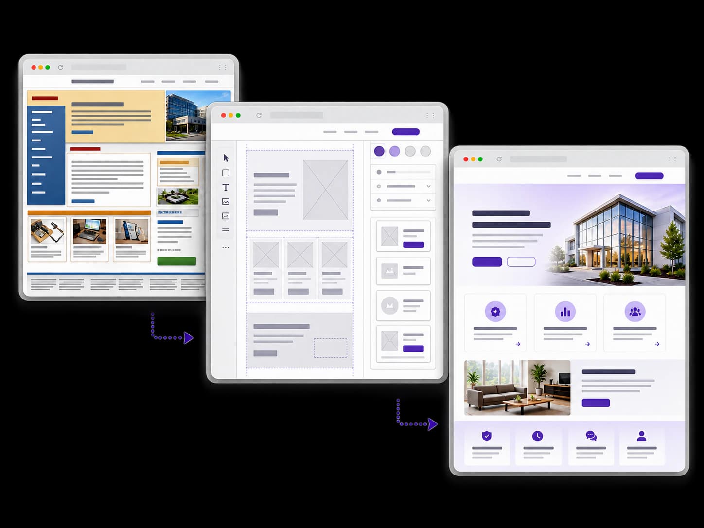 Website redesign process from an outdated site through wireframes to a polished modern website
