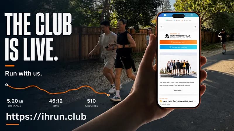 Iron Horse Run Club campaign showing runners, route statistics, and ihrun.club on a phone