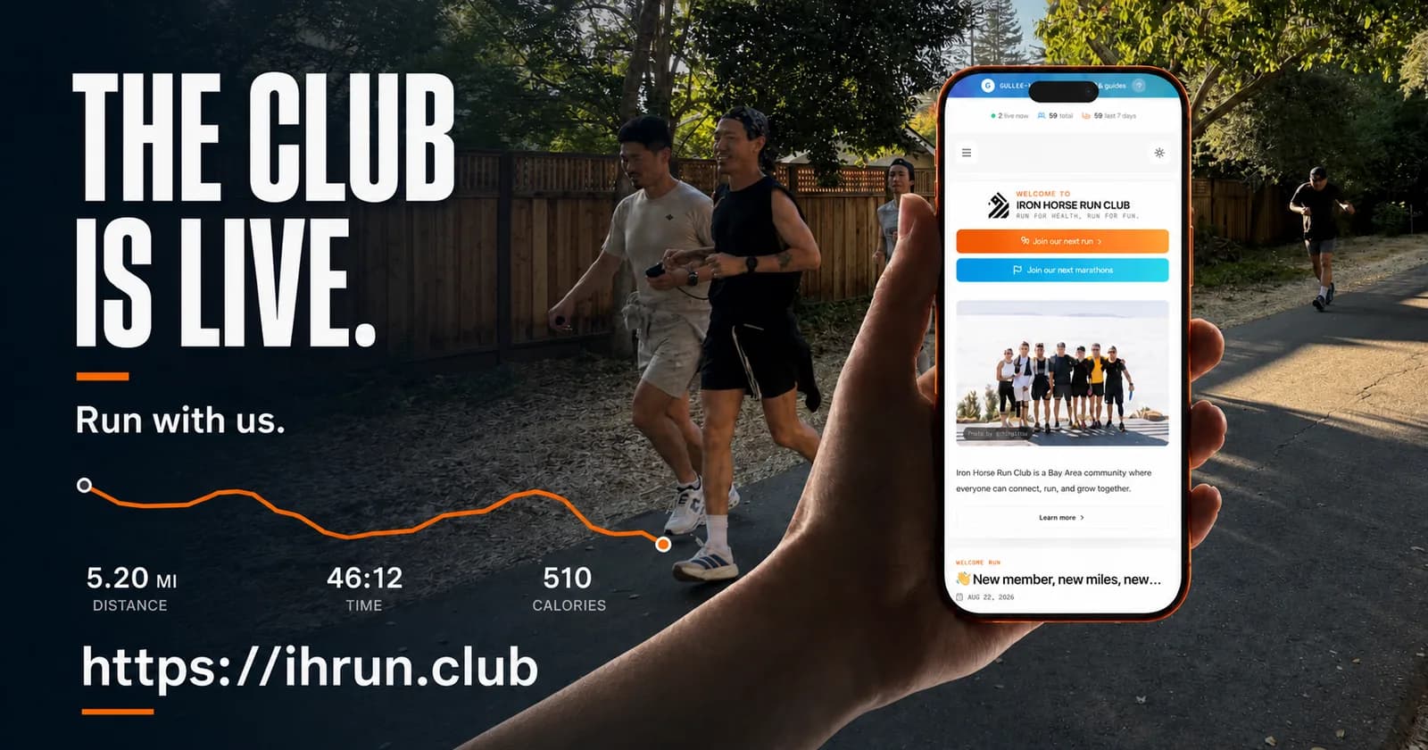 Iron Horse Run Club campaign showing runners, route statistics, and ihrun.club on a phone