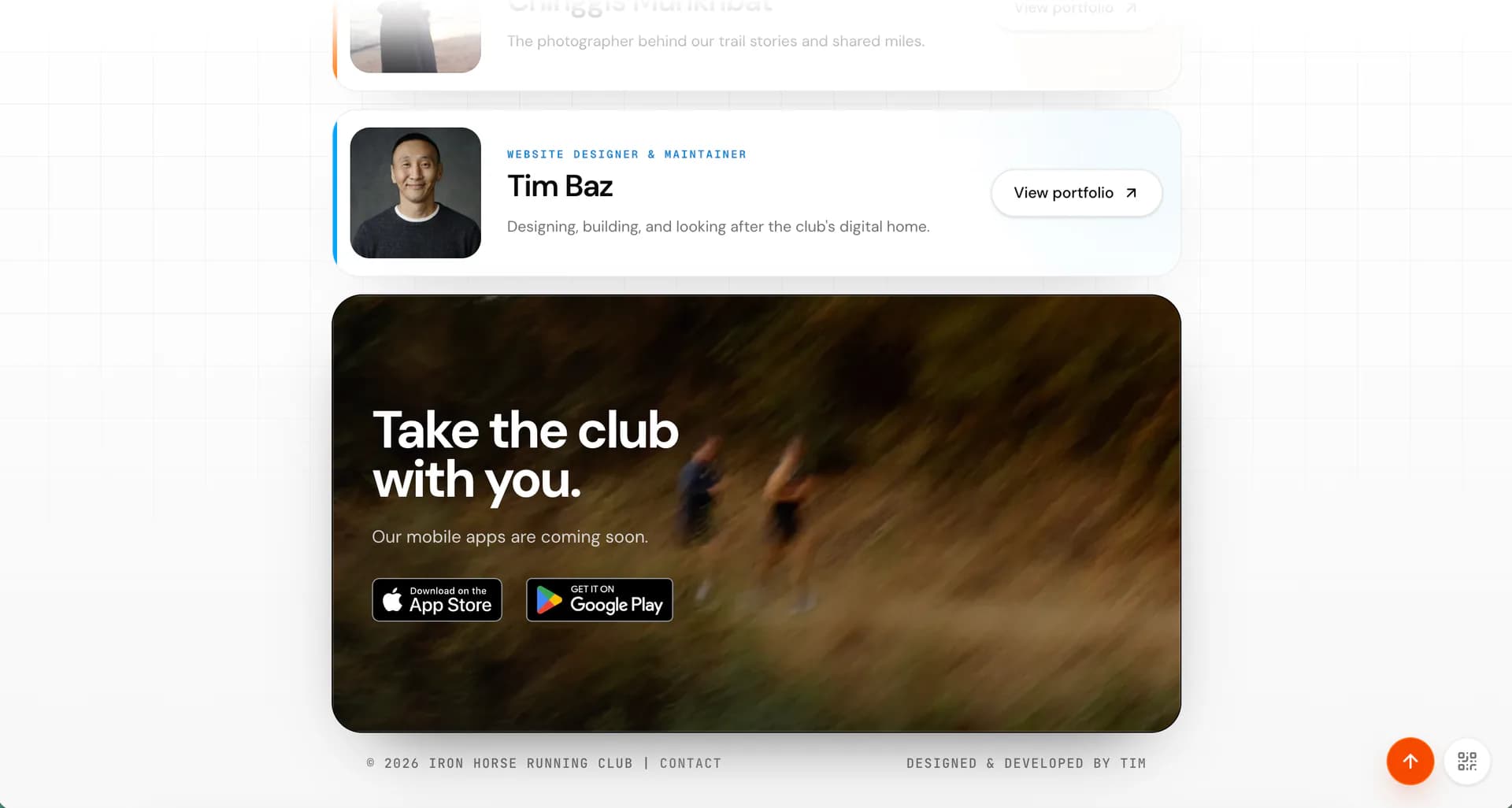 Iron Horse Run Club website crediting Tim Baz as website designer and
maintainer