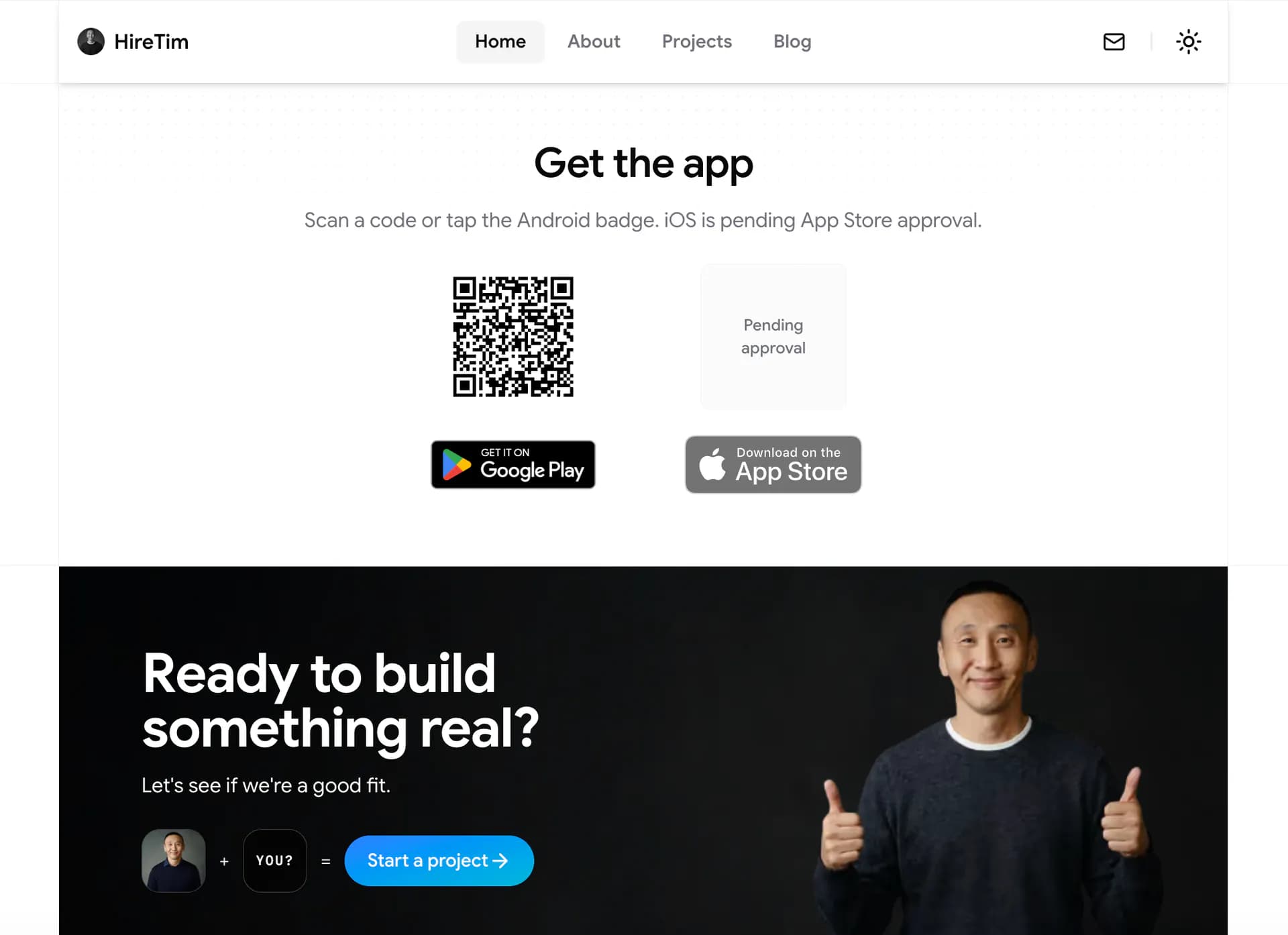 HireTimSF app download page showing Google Play available and App Store
pending
approval
