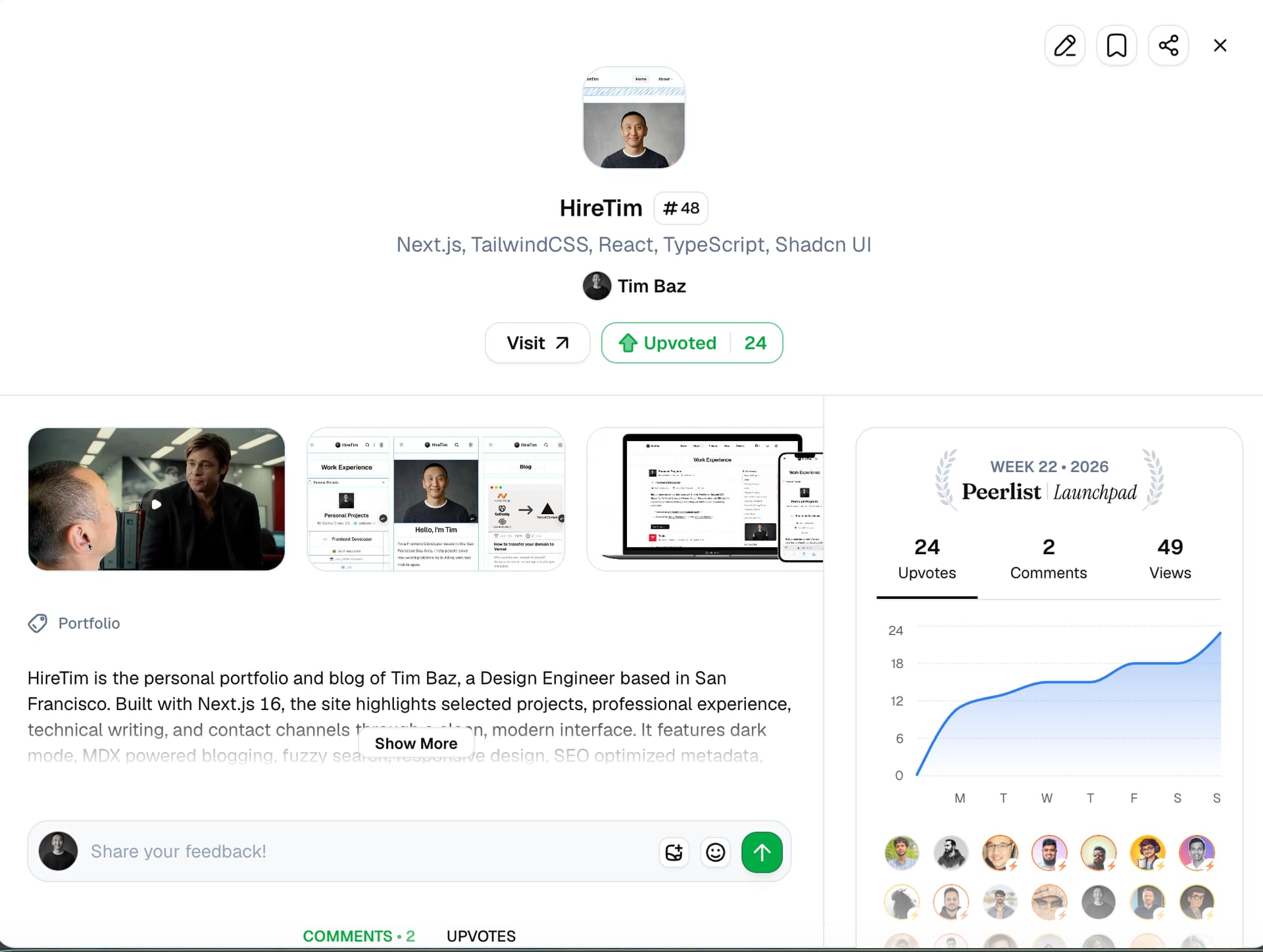HireTim Peerlist launch page showing 24 upvotes, 2 comments, and 49
views