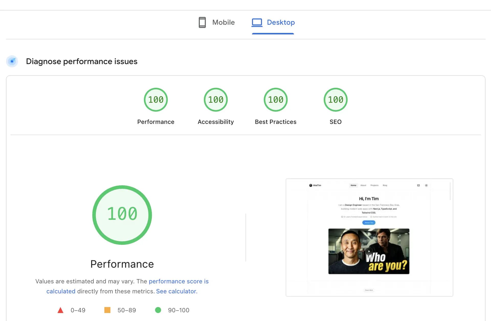 PageSpeed Insights desktop report showing 100 scores for Performance,
Accessibility, Best Practices, and
SEO