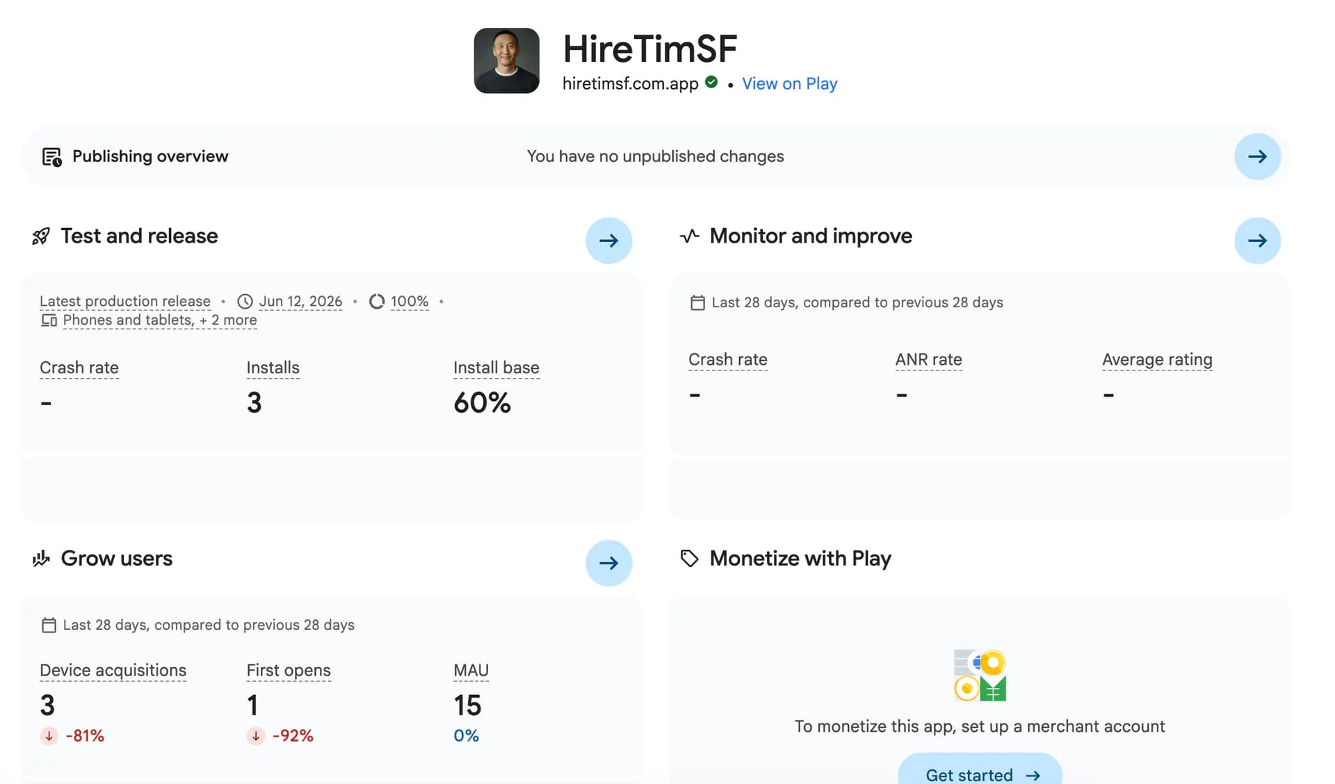Google Play Console dashboard for HireTimSF showing production release and
installs