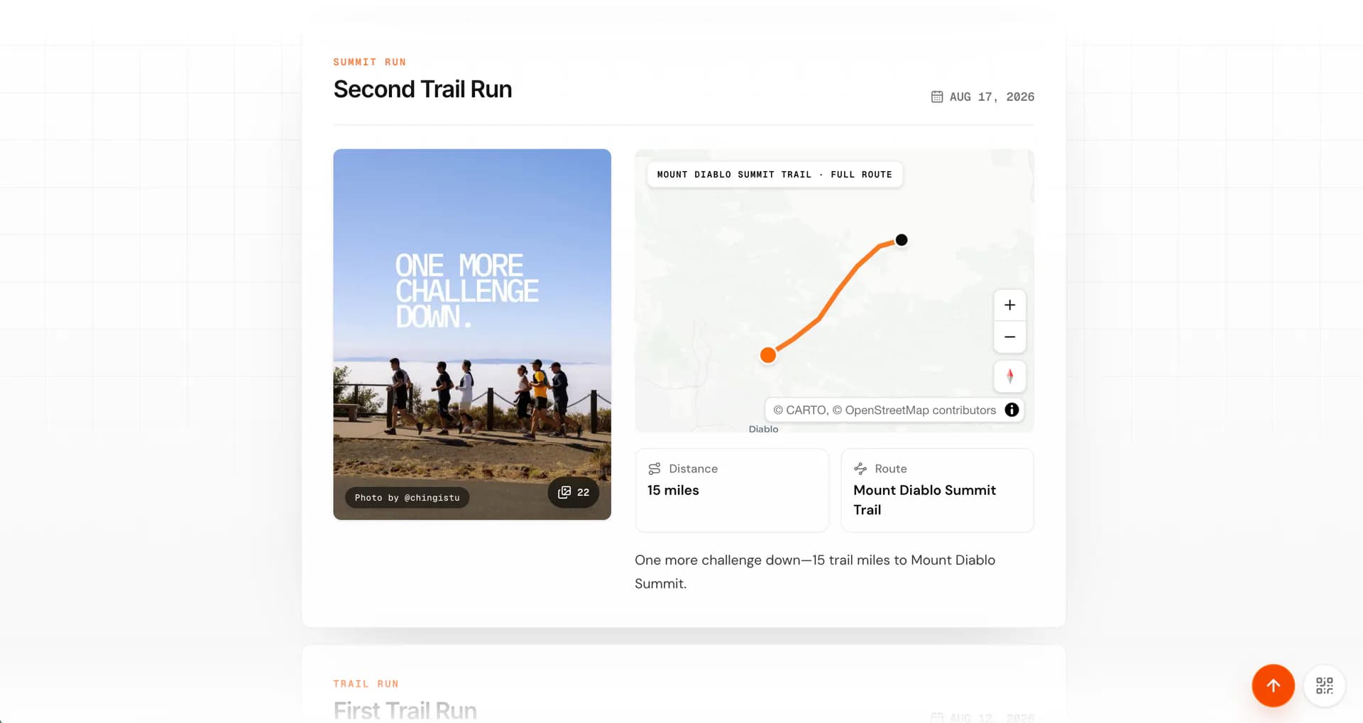 Iron Horse Run Club archive showing the Mount Diablo summit run, route map,
distance, and photo
gallery