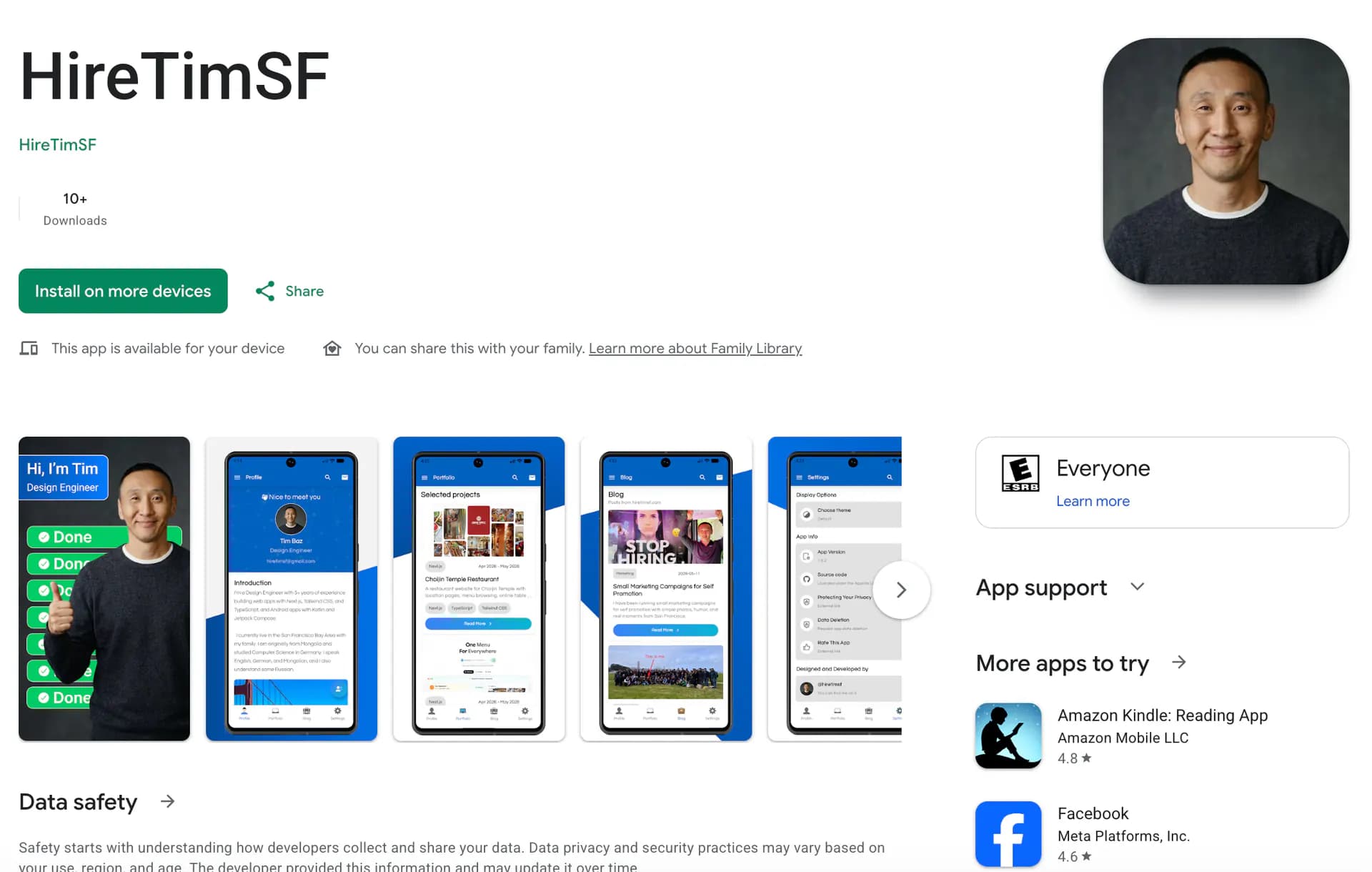 HireTimSF portfolio Android app listing on Google Play