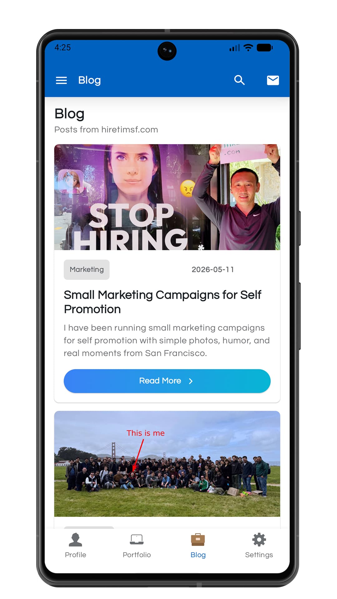 New Android portfolio app blog screen