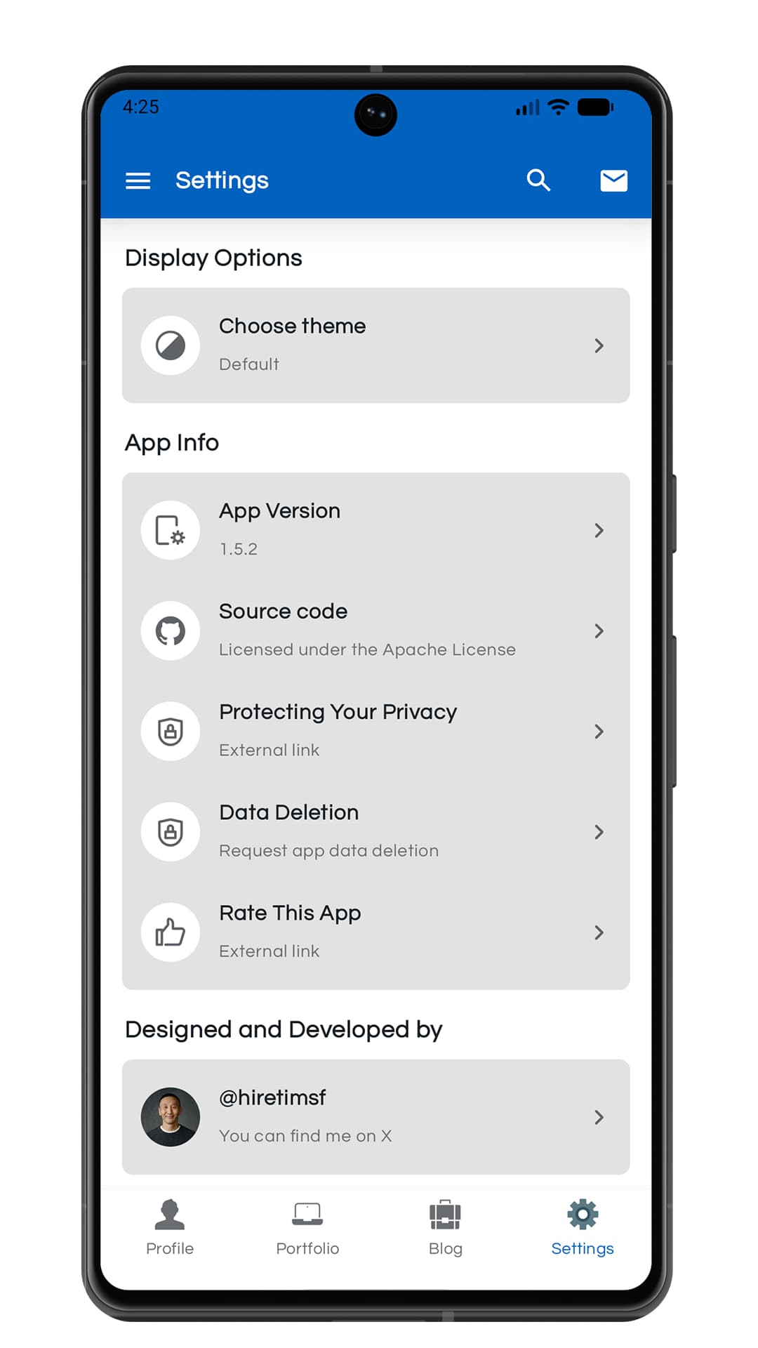 New Android portfolio app settings screen