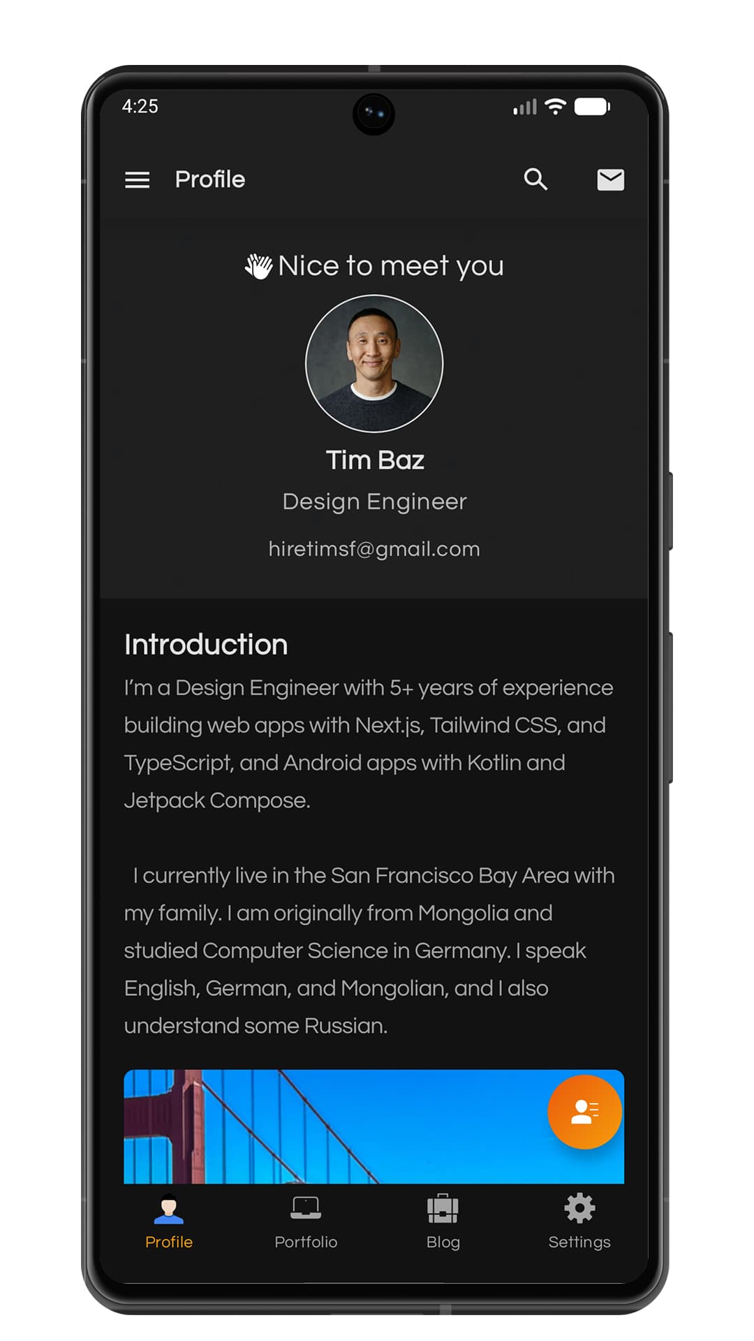 New Android portfolio app profile screen in dark theme