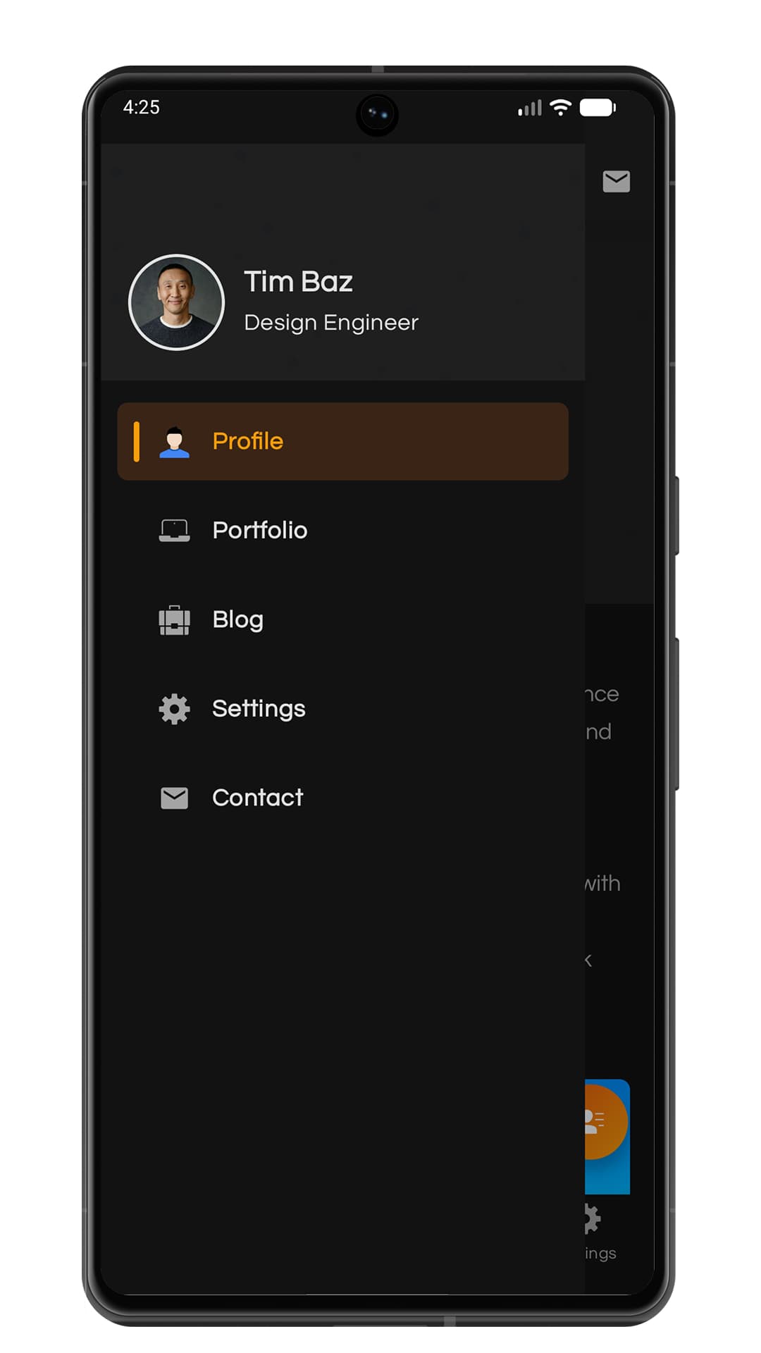 New Android portfolio app navigation drawer in dark theme