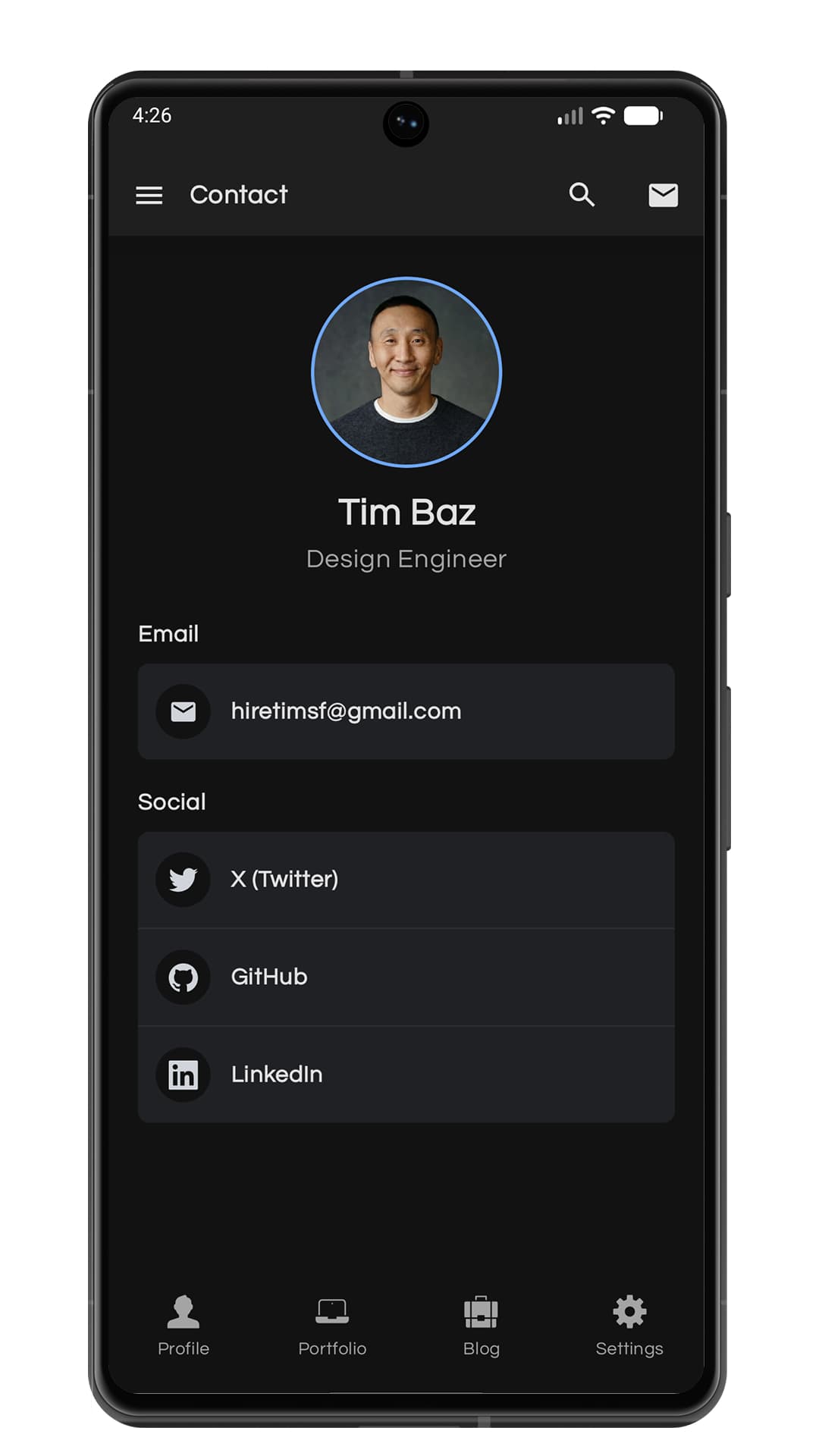 New Android portfolio app contact screen in dark theme
